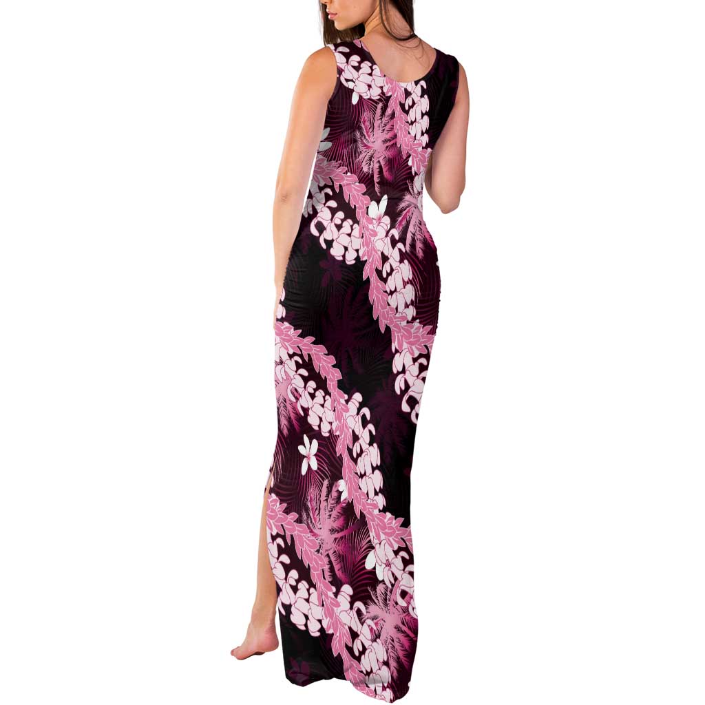 Puakenikeni Maile Lei Tank Maxi Dress Frangipani Pink Tropical Leaves