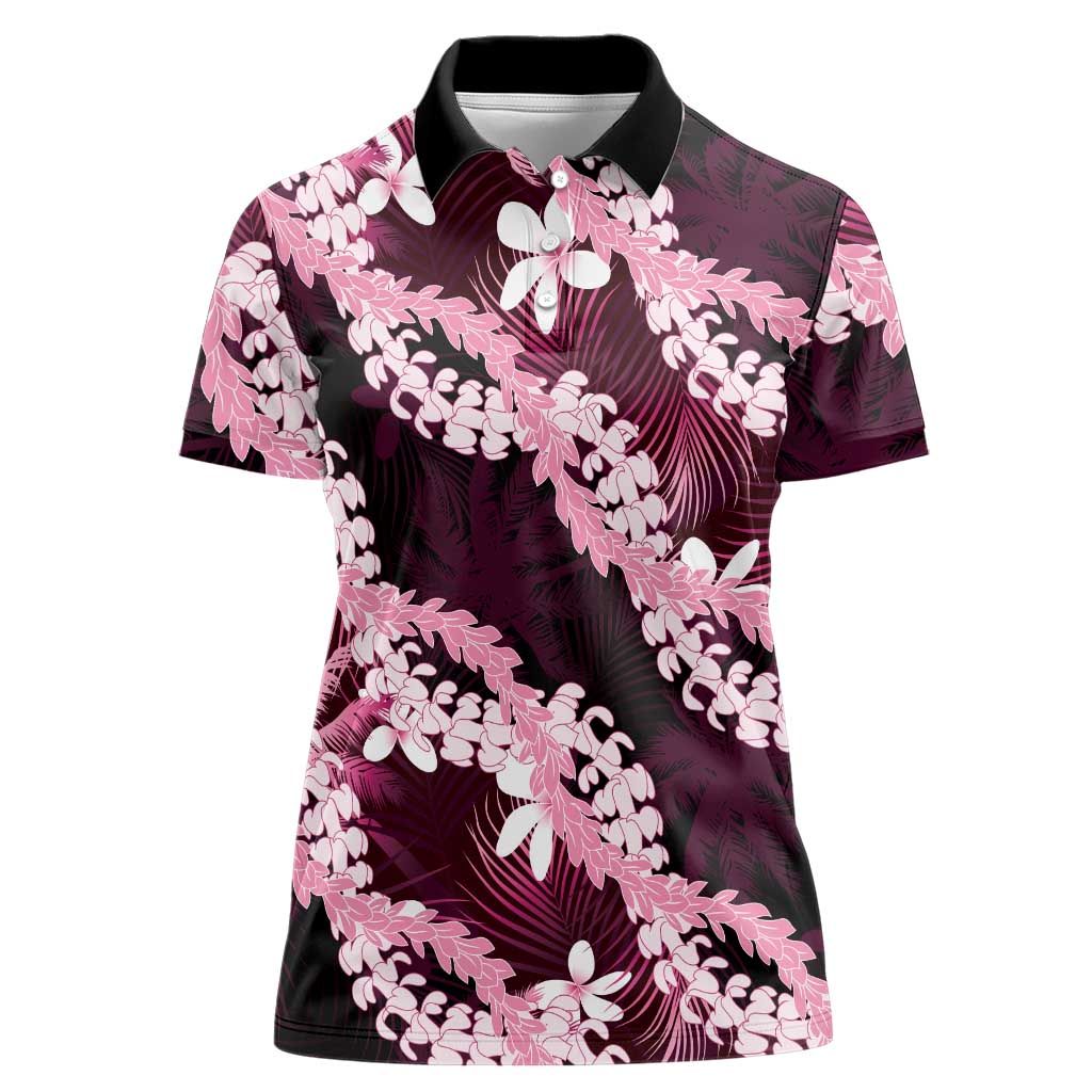 Puakenikeni Maile Lei Women Polo Shirt Frangipani Pink Tropical Leaves