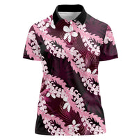 Puakenikeni Maile Lei Women Polo Shirt Frangipani Pink Tropical Leaves