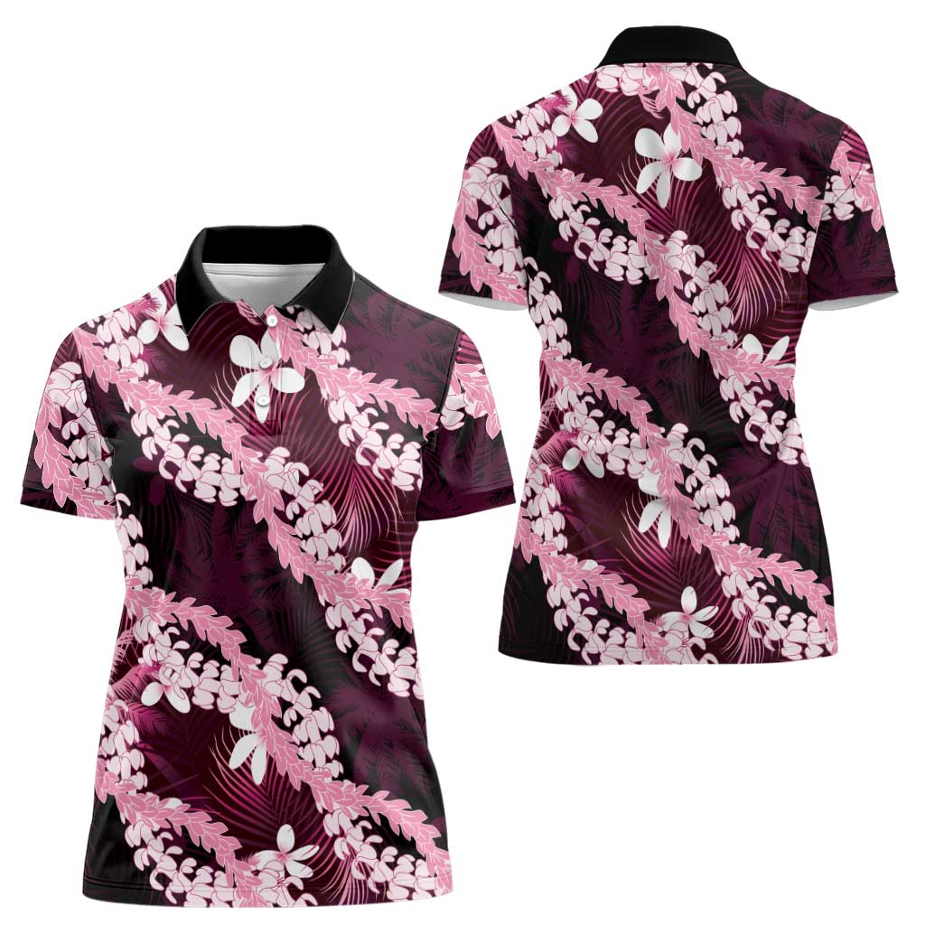 Puakenikeni Maile Lei Women Polo Shirt Frangipani Pink Tropical Leaves