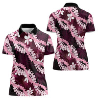 Puakenikeni Maile Lei Women Polo Shirt Frangipani Pink Tropical Leaves