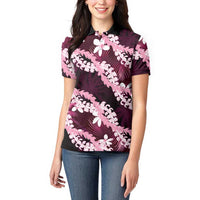 Puakenikeni Maile Lei Women Polo Shirt Frangipani Pink Tropical Leaves