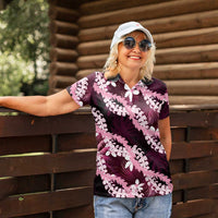 Puakenikeni Maile Lei Women Polo Shirt Frangipani Pink Tropical Leaves