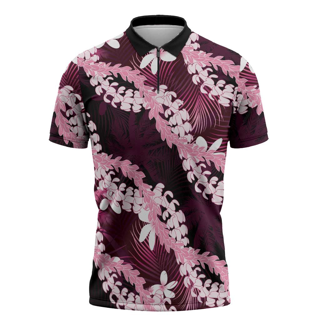 Puakenikeni Maile Lei Zipper Polo Shirt Frangipani Pink Tropical Leaves