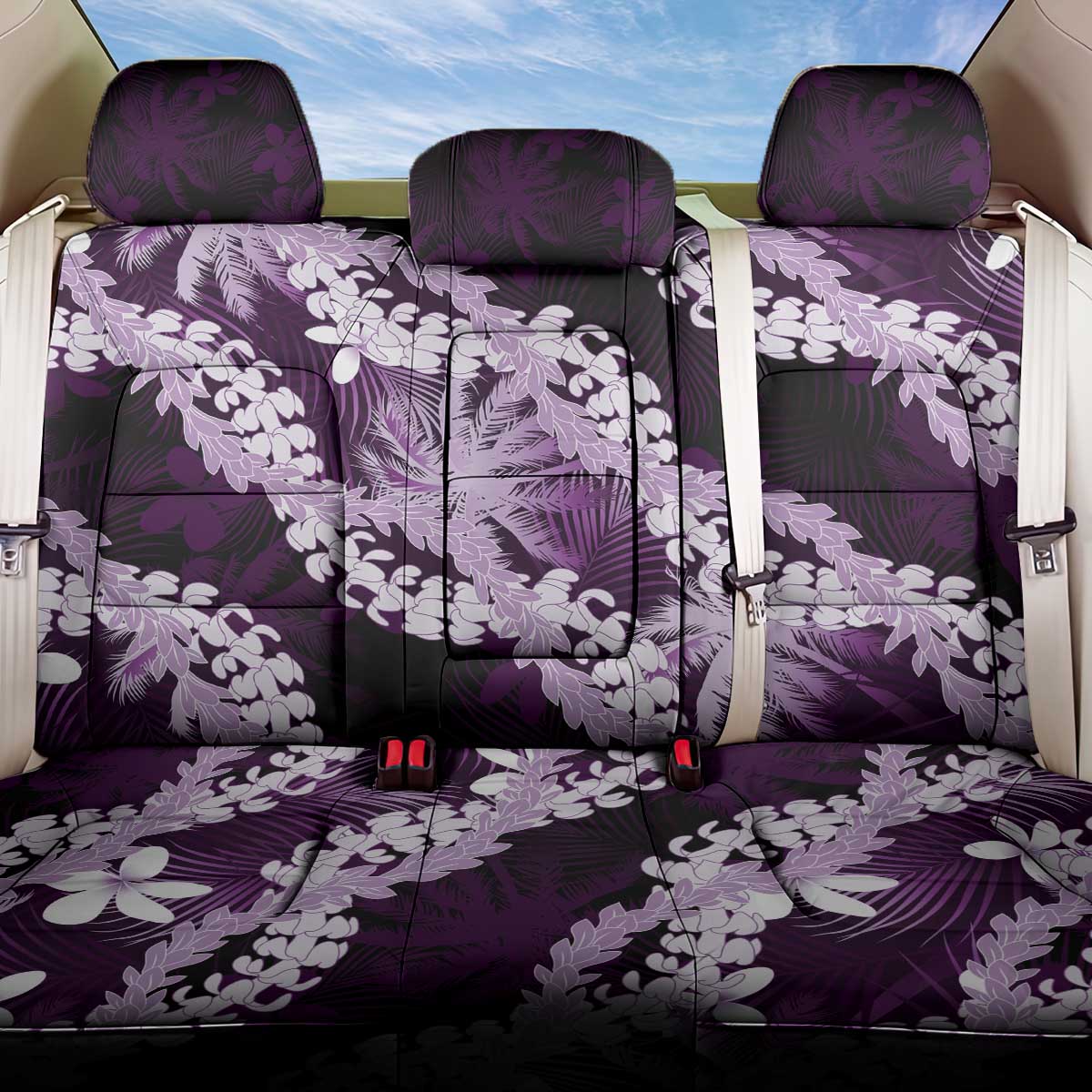 Puakenikeni Maile Lei Back Car Seat Cover Frangipani Purple Tropical Leaves