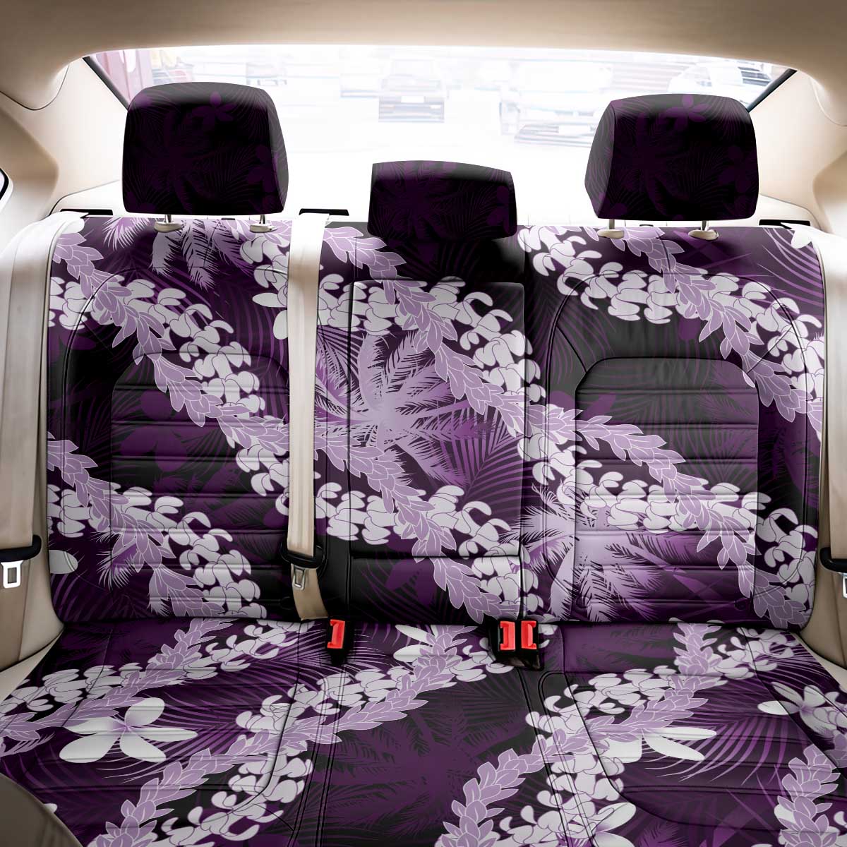 Puakenikeni Maile Lei Back Car Seat Cover Frangipani Purple Tropical Leaves