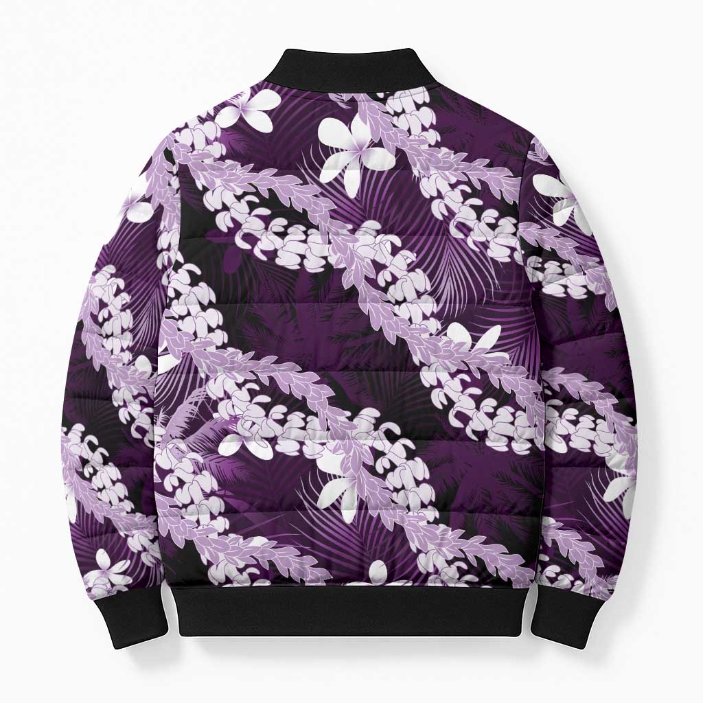 Puakenikeni Maile Lei Bomber Puffer Jacket Frangipani Purple Tropical Leaves LT01 - Polynesian Pride