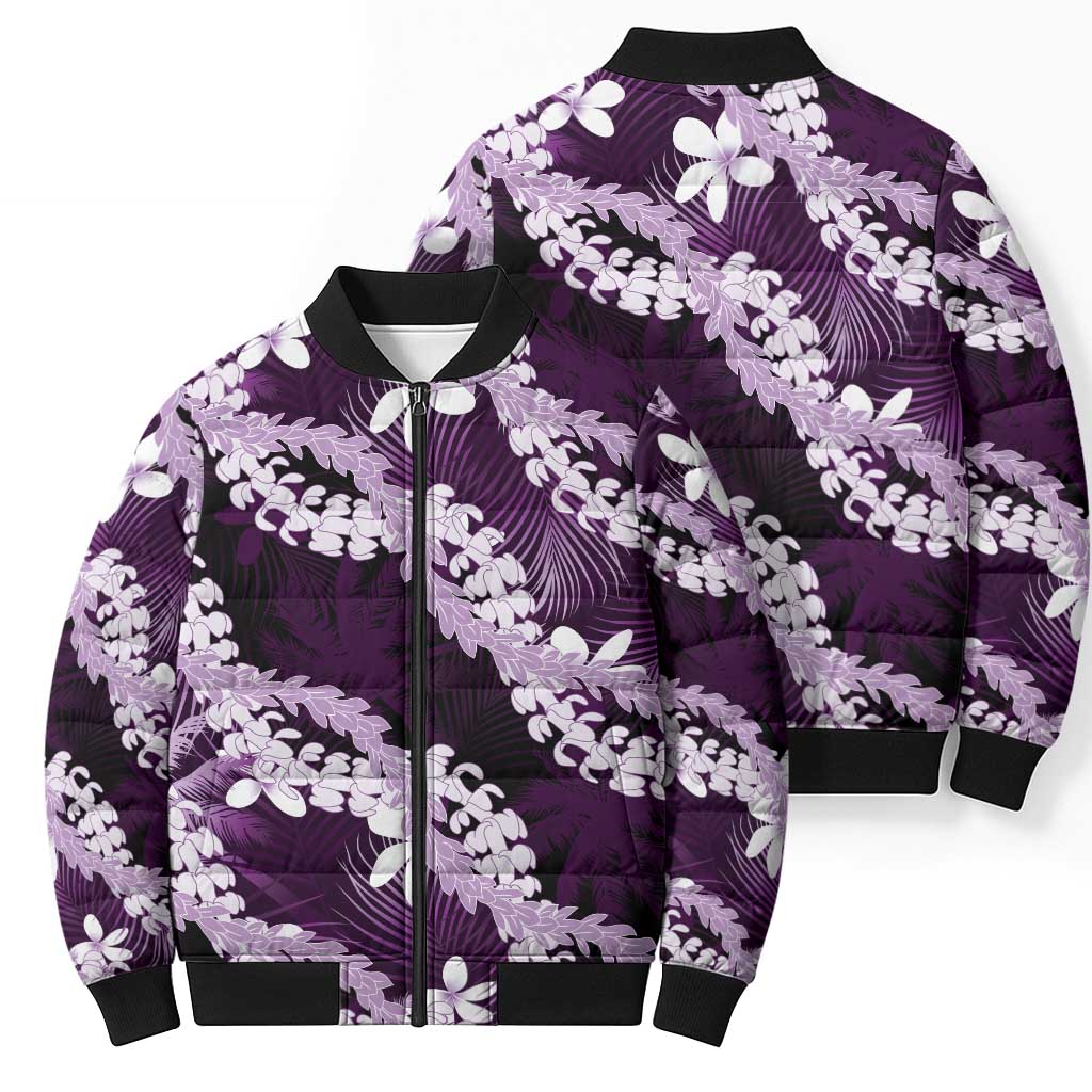 Puakenikeni Maile Lei Bomber Puffer Jacket Frangipani Purple Tropical Leaves LT01 - Polynesian Pride