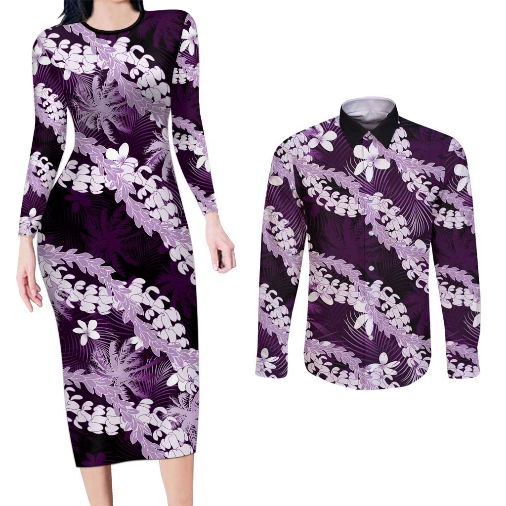 Puakenikeni Maile Lei Couples Matching Long Sleeve Bodycon Dress and Long Sleeve Button Shirt Frangipani Purple Tropical Leaves LT01 Purple - Polynesian Pride