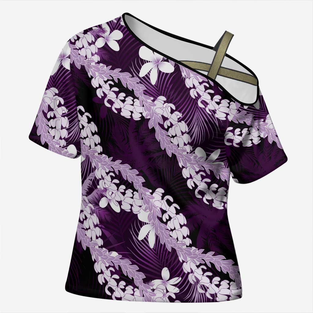 Puakenikeni Maile Lei Cross Shoulder Shirt Frangipani Purple Tropical Leaves