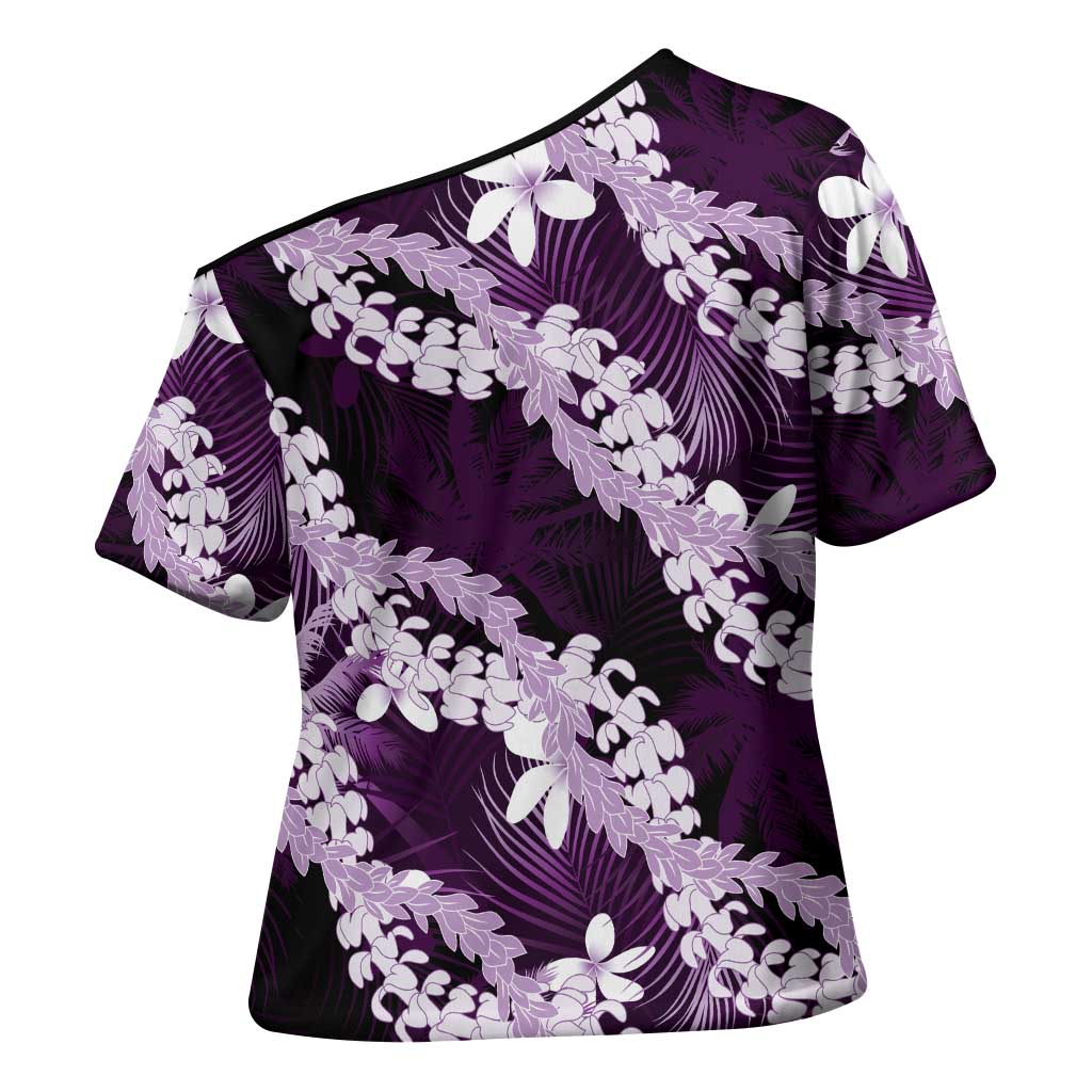 Puakenikeni Maile Lei Cross Shoulder Shirt Frangipani Purple Tropical Leaves