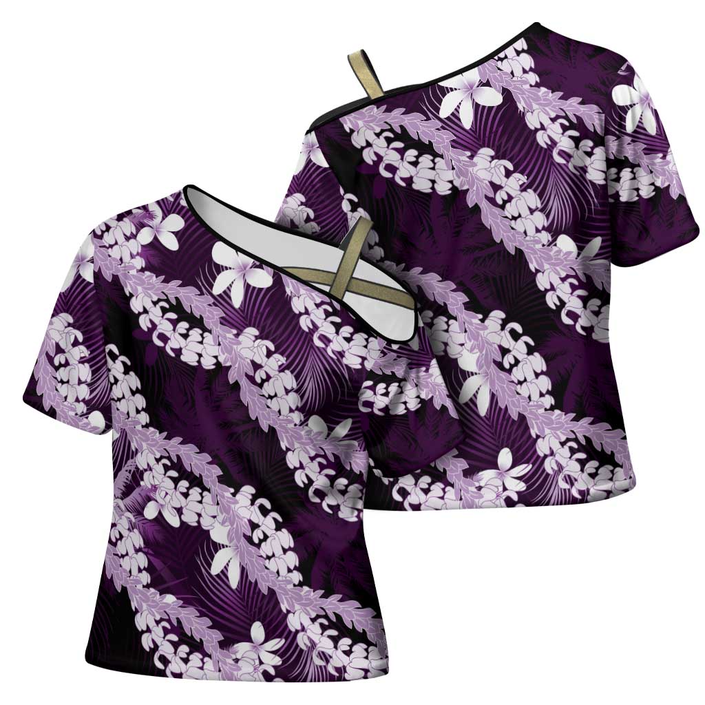 Puakenikeni Maile Lei Cross Shoulder Shirt Frangipani Purple Tropical Leaves