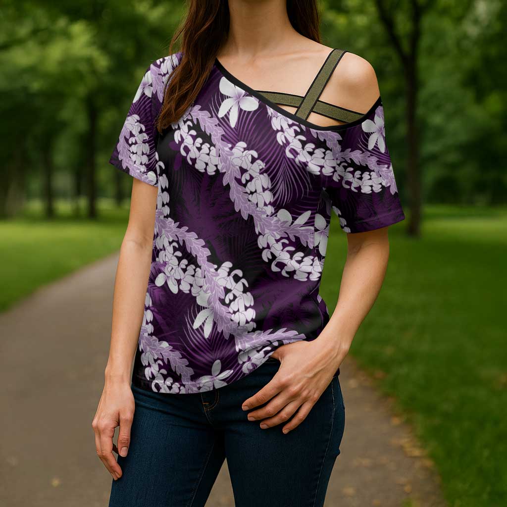 Puakenikeni Maile Lei Cross Shoulder Shirt Frangipani Purple Tropical Leaves