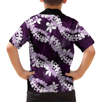 Puakenikeni Maile Lei Family Matching Long Sleeve Bodycon Dress and Hawaiian Shirt Frangipani Purple Tropical Leaves