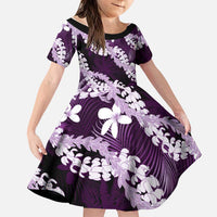 Puakenikeni Maile Lei Family Matching Long Sleeve Bodycon Dress and Hawaiian Shirt Frangipani Purple Tropical Leaves