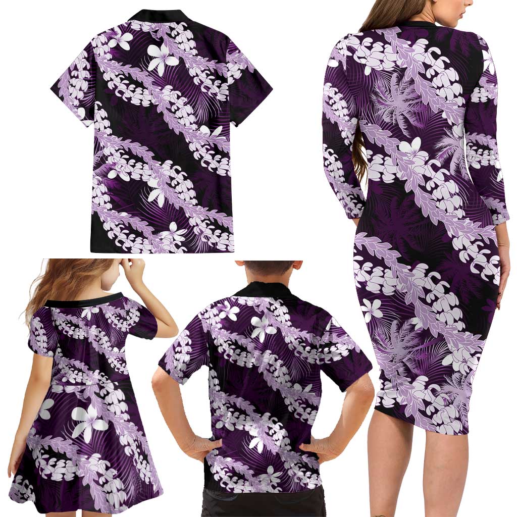 Puakenikeni Maile Lei Family Matching Long Sleeve Bodycon Dress and Hawaiian Shirt Frangipani Purple Tropical Leaves
