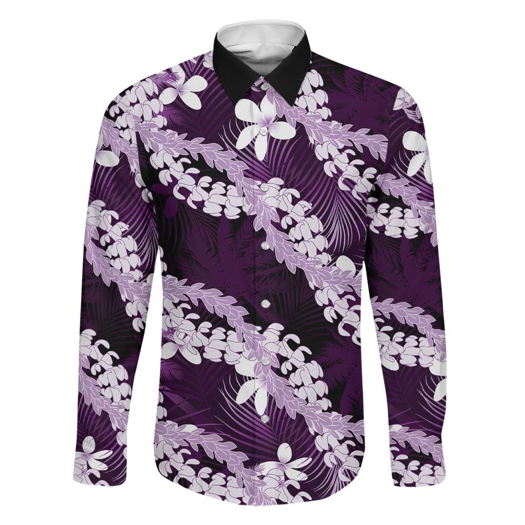Puakenikeni Maile Lei Family Matching Long Sleeve Bodycon Dress and Hawaiian Shirt Frangipani Purple Tropical Leaves