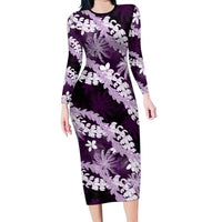 Puakenikeni Maile Lei Family Matching Long Sleeve Bodycon Dress and Hawaiian Shirt Frangipani Purple Tropical Leaves