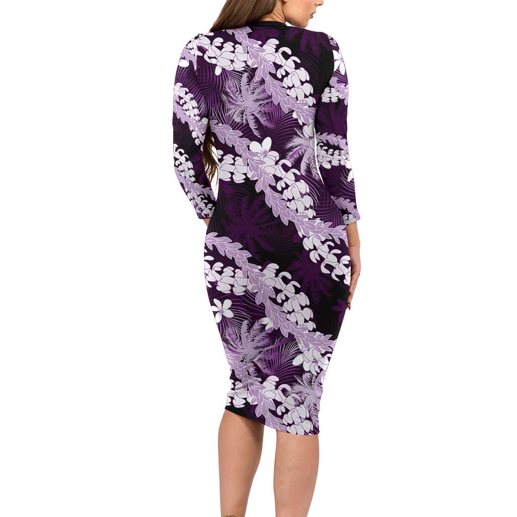 Puakenikeni Maile Lei Family Matching Long Sleeve Bodycon Dress and Hawaiian Shirt Frangipani Purple Tropical Leaves