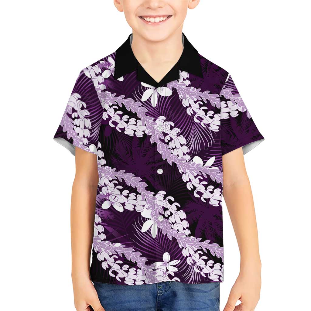 Puakenikeni Maile Lei Family Matching Long Sleeve Bodycon Dress and Hawaiian Shirt Frangipani Purple Tropical Leaves
