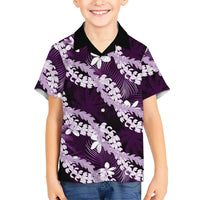 Puakenikeni Maile Lei Family Matching Long Sleeve Bodycon Dress and Hawaiian Shirt Frangipani Purple Tropical Leaves