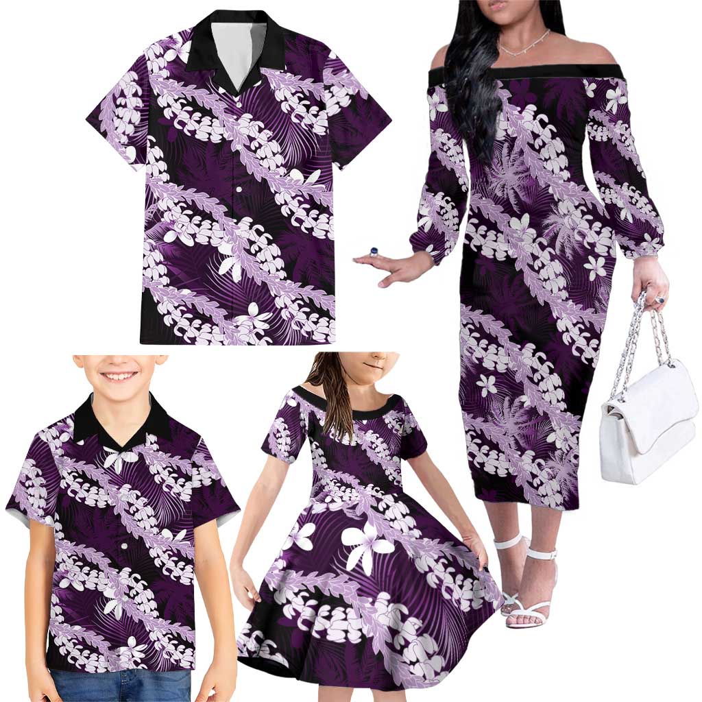 Puakenikeni Maile Lei Family Matching Off The Shoulder Long Sleeve Dress and Hawaiian Shirt Frangipani Purple Tropical Leaves