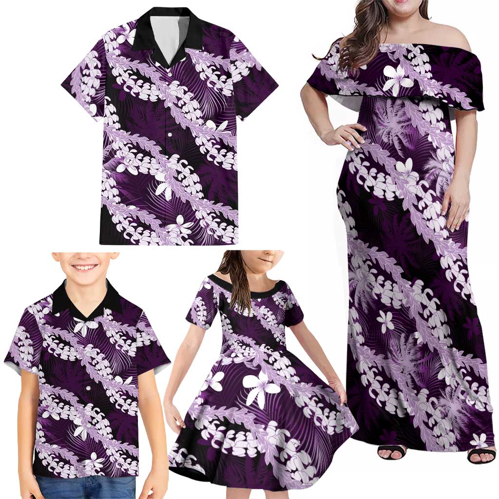 Puakenikeni Maile Lei Family Matching Off Shoulder Maxi Dress and Hawaiian Shirt Frangipani Purple Tropical Leaves LT01 - Polynesian Pride