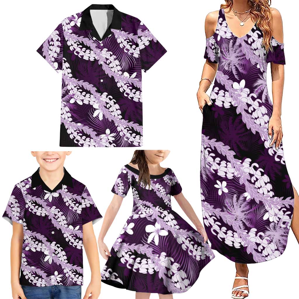 Puakenikeni Maile Lei Family Matching Summer Maxi Dress and Hawaiian Shirt Frangipani Purple Tropical Leaves LT01 - Polynesian Pride