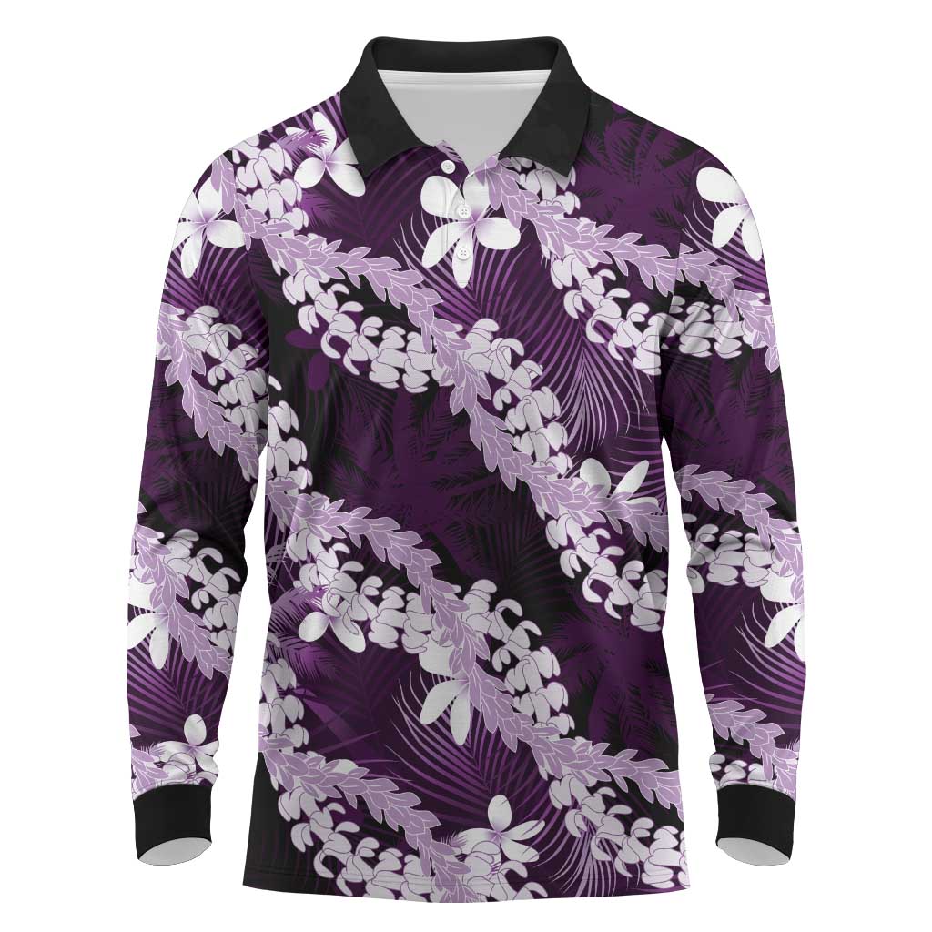 Puakenikeni Maile Lei Long Sleeve Polo Shirt Frangipani Purple Tropical Leaves