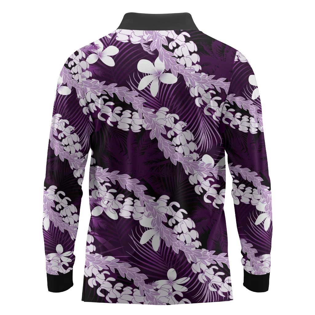 Puakenikeni Maile Lei Long Sleeve Polo Shirt Frangipani Purple Tropical Leaves