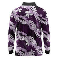 Puakenikeni Maile Lei Long Sleeve Polo Shirt Frangipani Purple Tropical Leaves