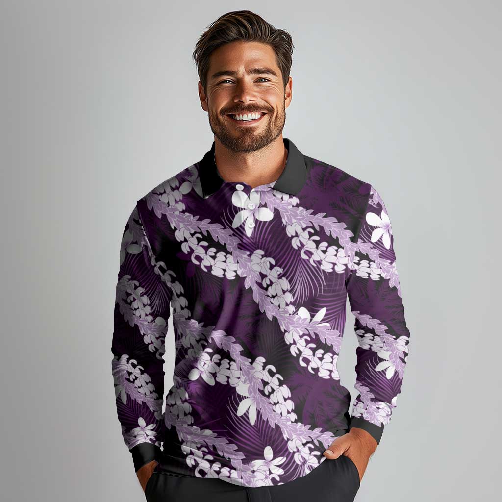 Puakenikeni Maile Lei Long Sleeve Polo Shirt Frangipani Purple Tropical Leaves
