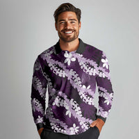 Puakenikeni Maile Lei Long Sleeve Polo Shirt Frangipani Purple Tropical Leaves