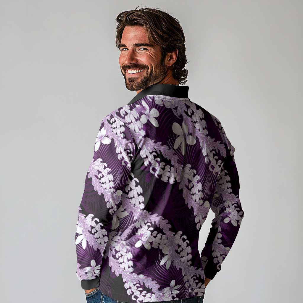 Puakenikeni Maile Lei Long Sleeve Polo Shirt Frangipani Purple Tropical Leaves