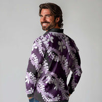 Puakenikeni Maile Lei Long Sleeve Polo Shirt Frangipani Purple Tropical Leaves