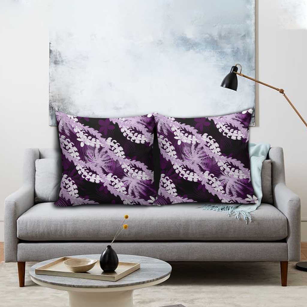 Puakenikeni Maile Lei Pillow Cover Frangipani Purple Tropical Leaves
