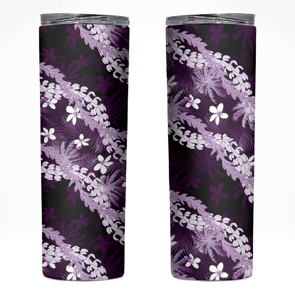 Puakenikeni Maile Lei Skinny Tumbler Frangipani Purple Tropical Leaves