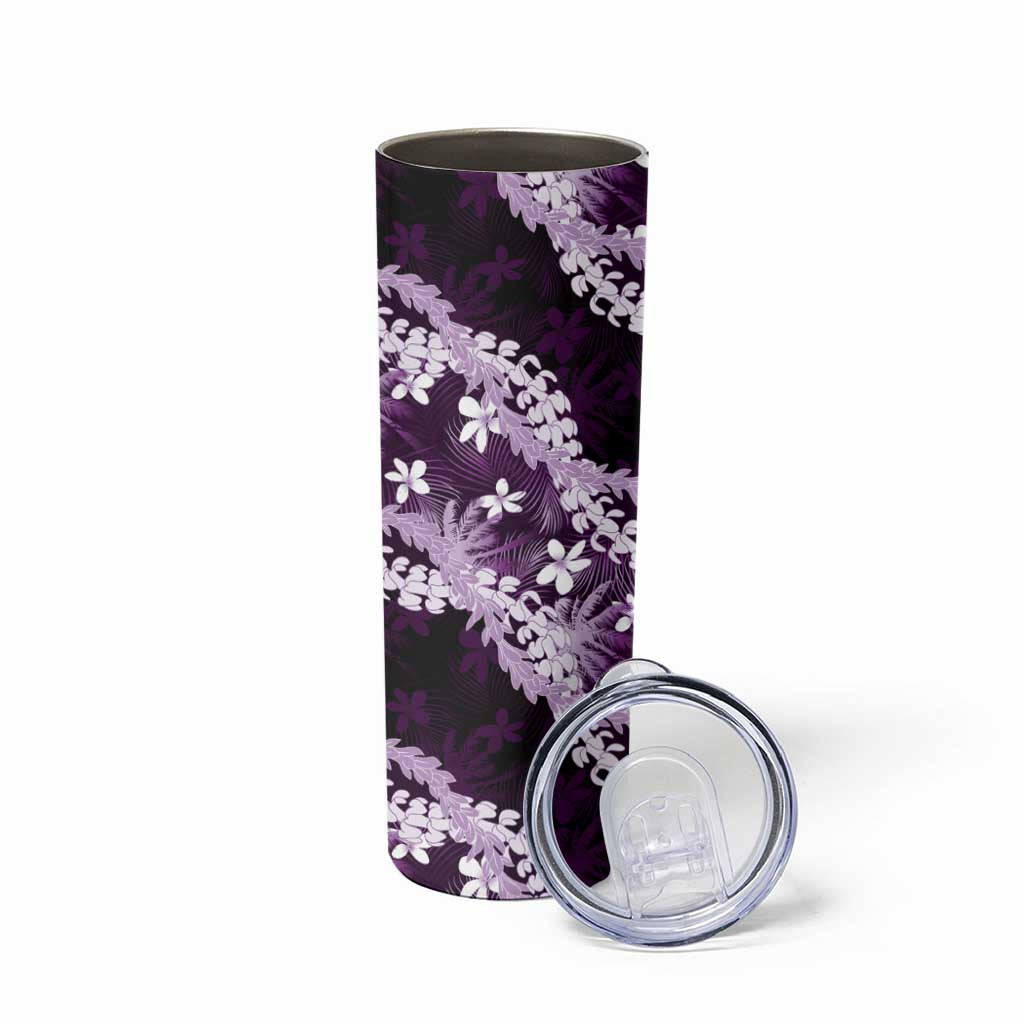 Puakenikeni Maile Lei Skinny Tumbler Frangipani Purple Tropical Leaves