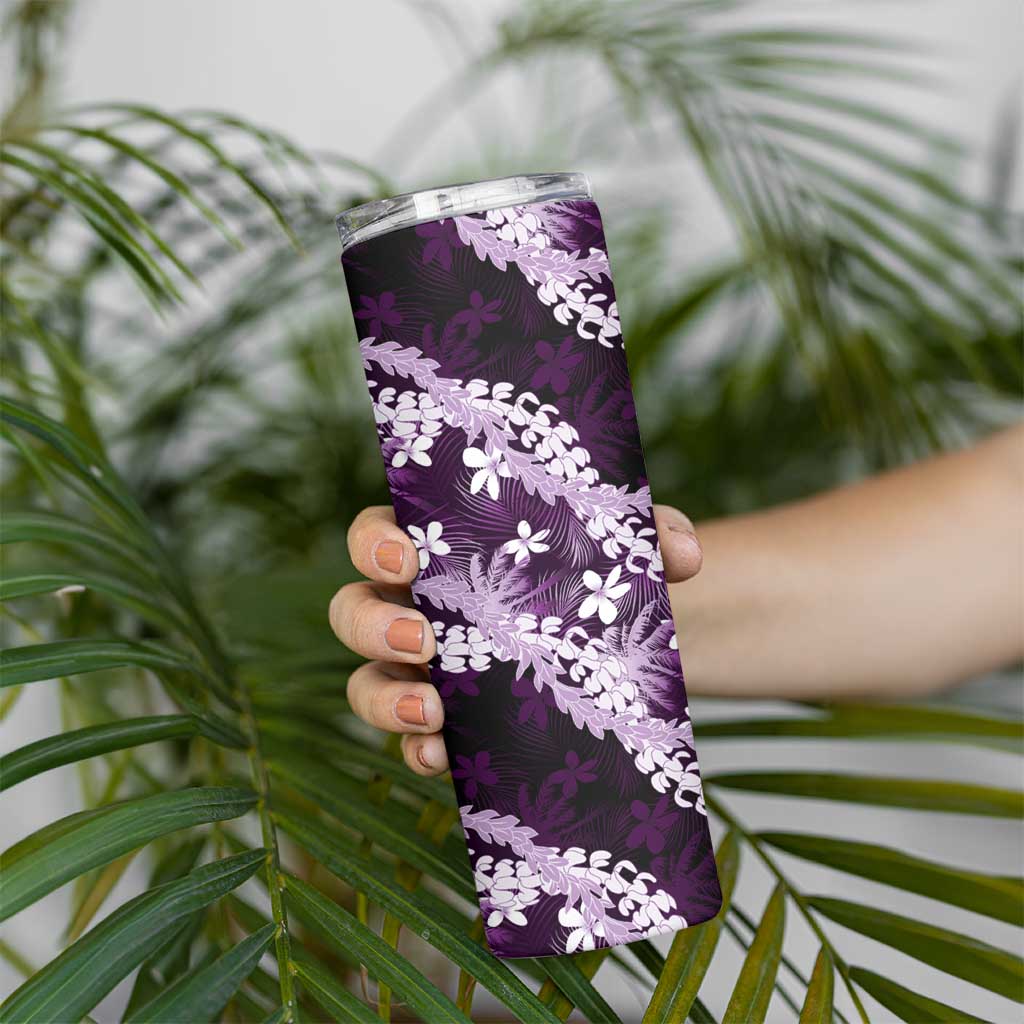 Puakenikeni Maile Lei Skinny Tumbler Frangipani Purple Tropical Leaves