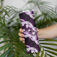 Puakenikeni Maile Lei Skinny Tumbler Frangipani Purple Tropical Leaves