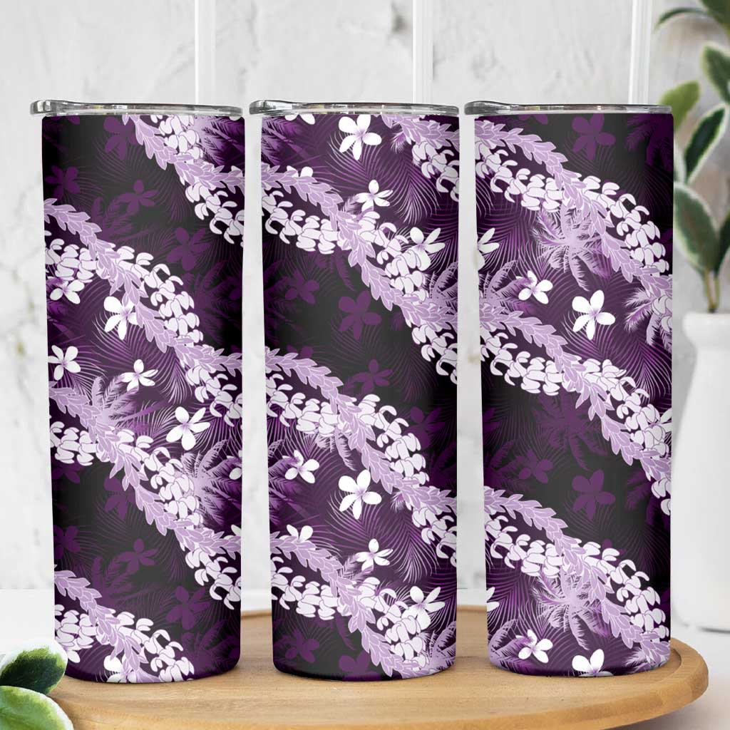 Puakenikeni Maile Lei Skinny Tumbler Frangipani Purple Tropical Leaves
