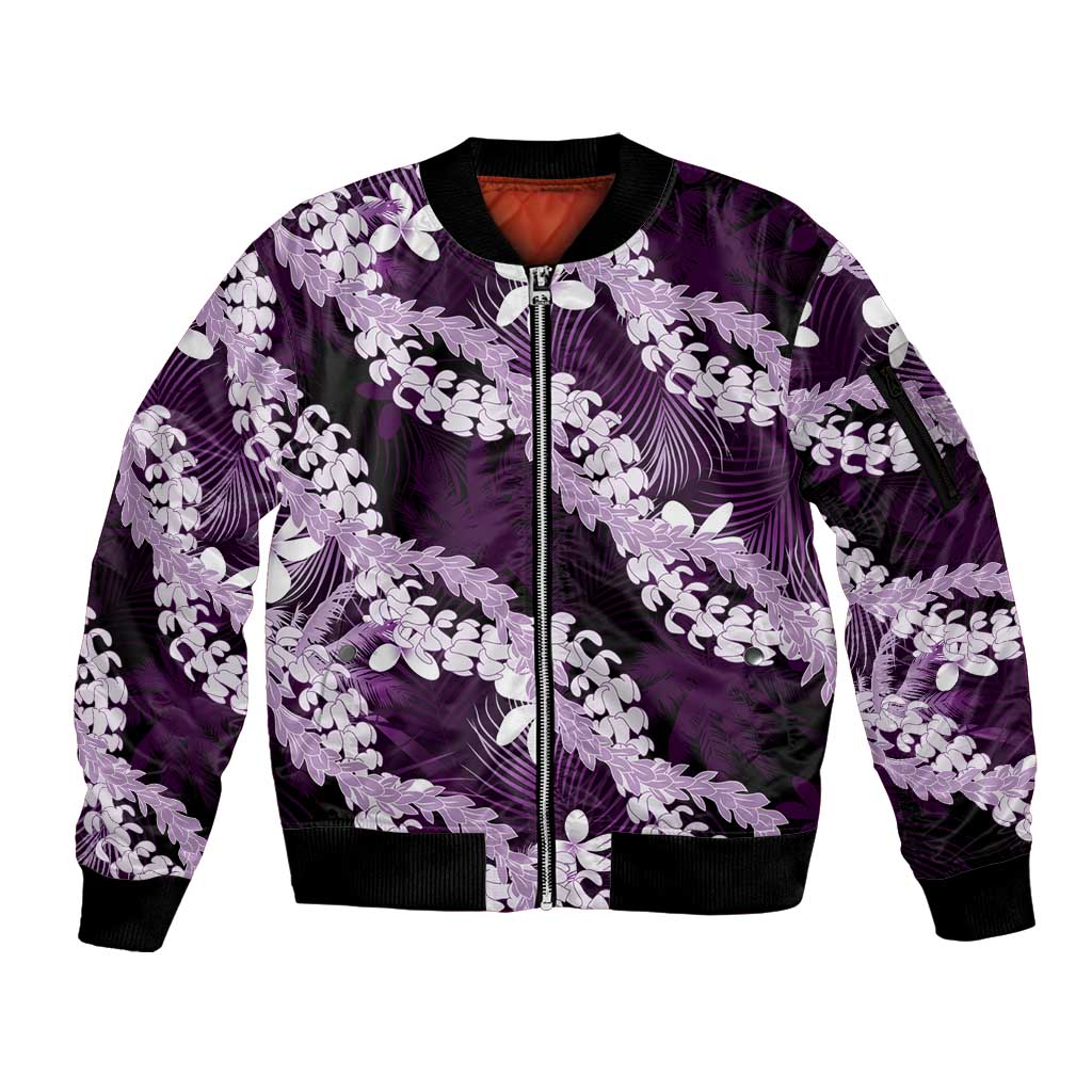 Puakenikeni Maile Lei Sleeve Zip Bomber Jacket Frangipani Purple Tropical Leaves LT01 Unisex Purple - Polynesian Pride