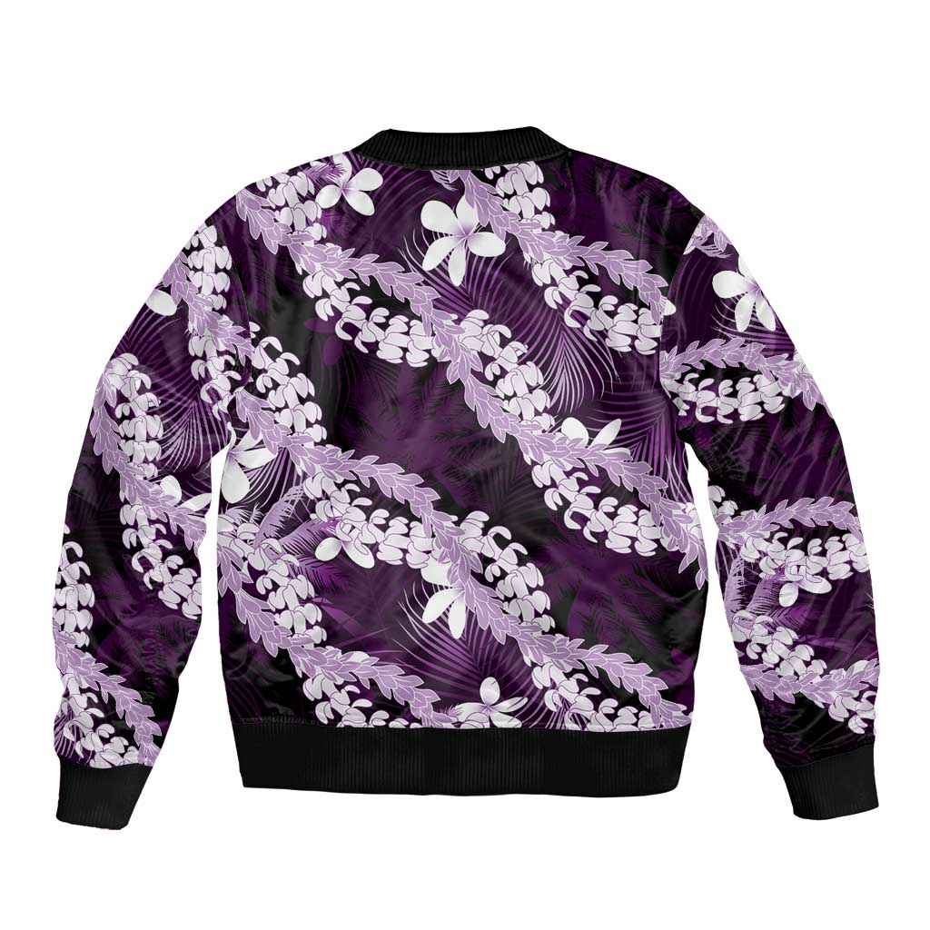 Puakenikeni Maile Lei Sleeve Zip Bomber Jacket Frangipani Purple Tropical Leaves LT01 - Polynesian Pride