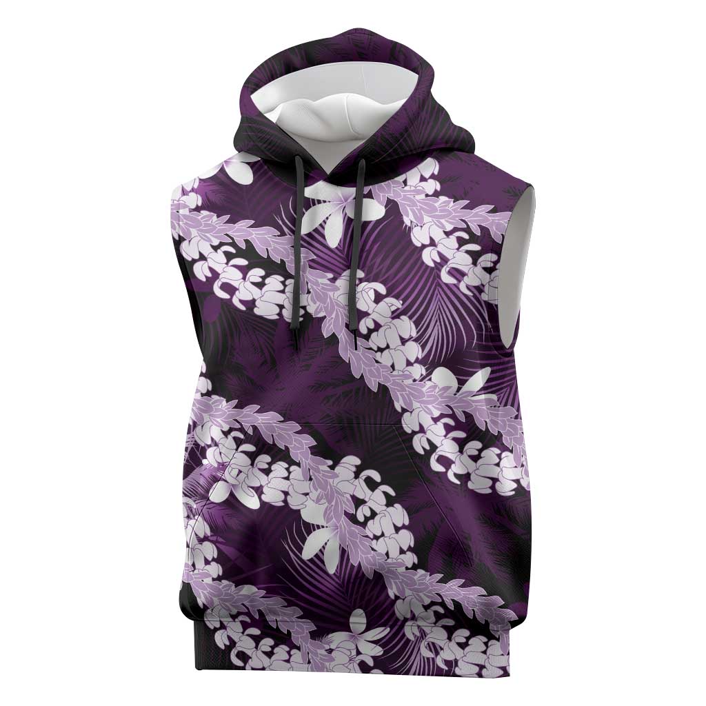 Puakenikeni Maile Lei Sleeveless Hoodie Frangipani Purple Tropical Leaves