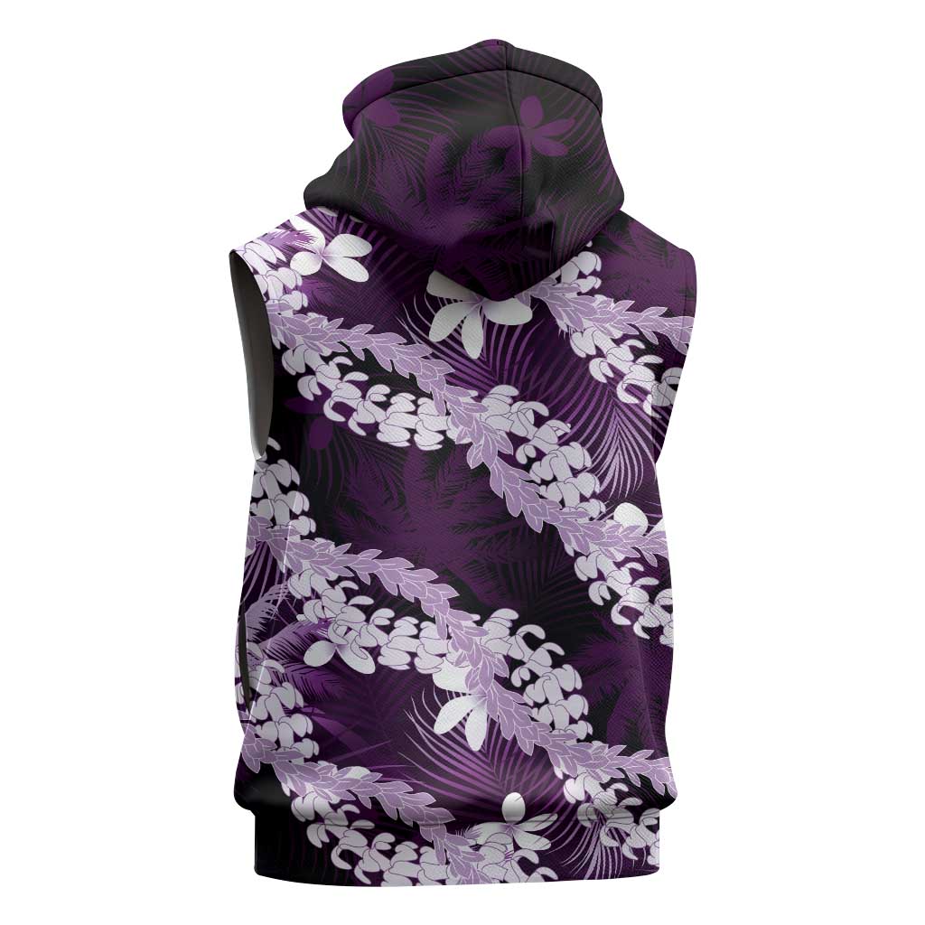 Puakenikeni Maile Lei Sleeveless Hoodie Frangipani Purple Tropical Leaves