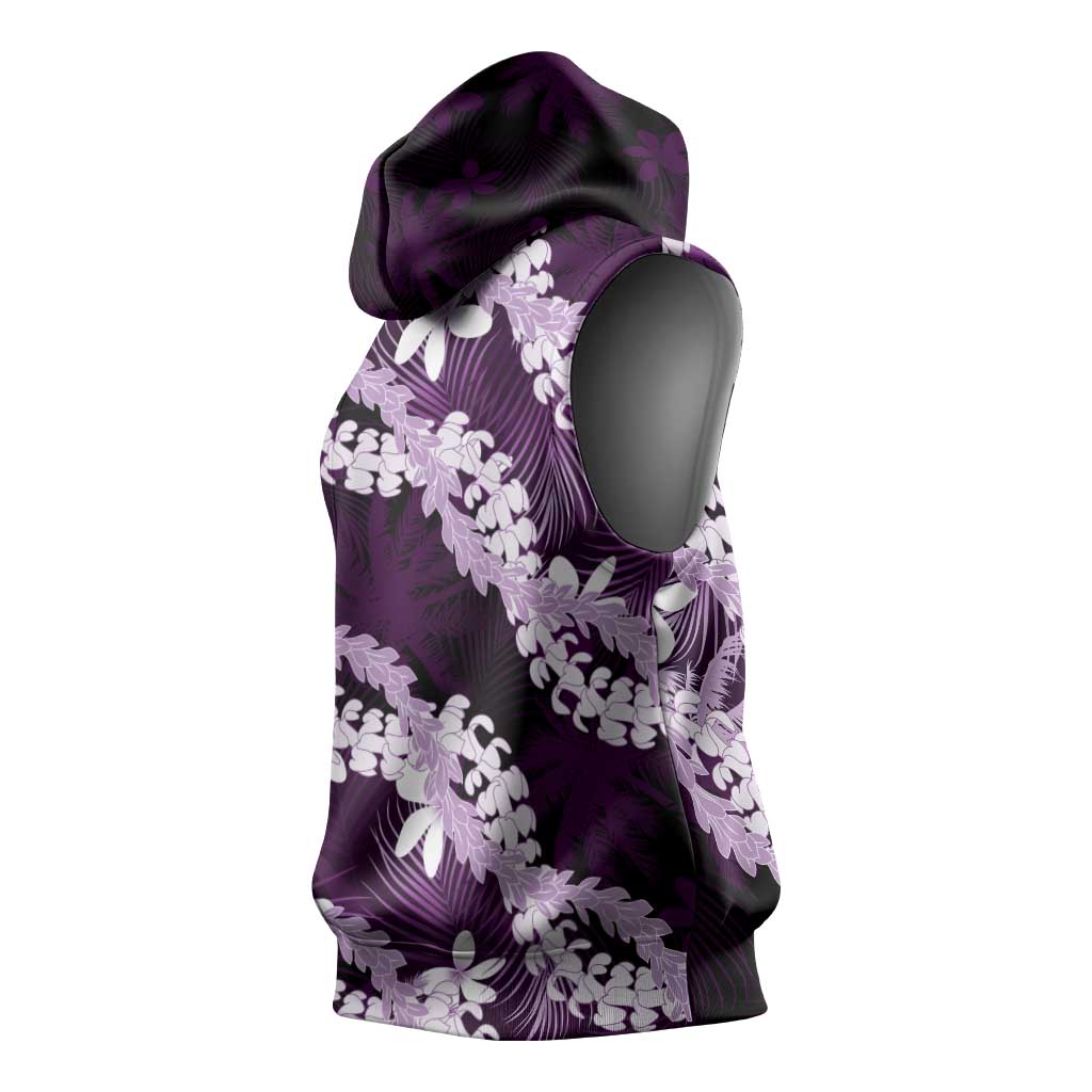 Puakenikeni Maile Lei Sleeveless Hoodie Frangipani Purple Tropical Leaves