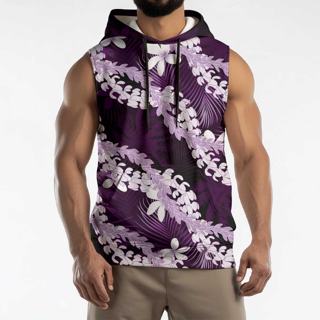 Puakenikeni Maile Lei Sleeveless Hoodie Frangipani Purple Tropical Leaves