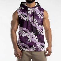 Puakenikeni Maile Lei Sleeveless Hoodie Frangipani Purple Tropical Leaves