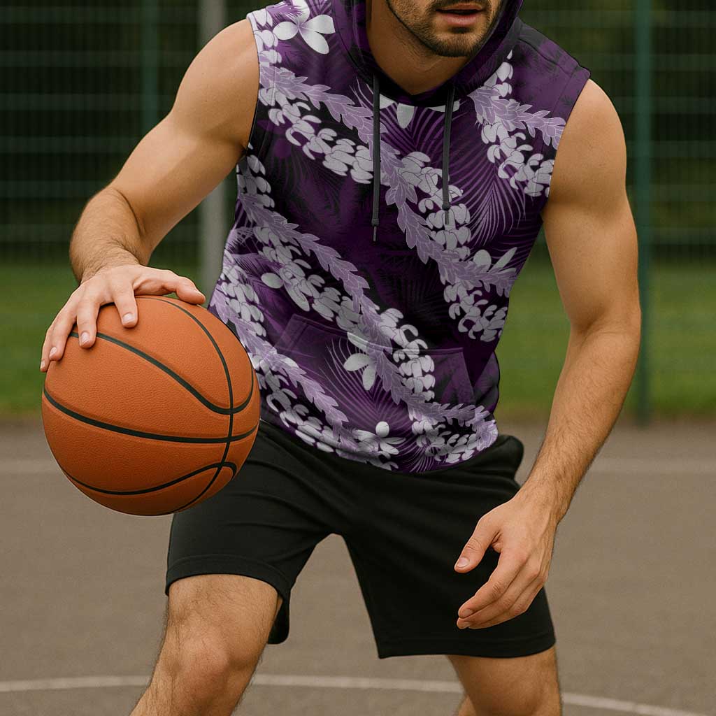 Puakenikeni Maile Lei Sleeveless Hoodie Frangipani Purple Tropical Leaves