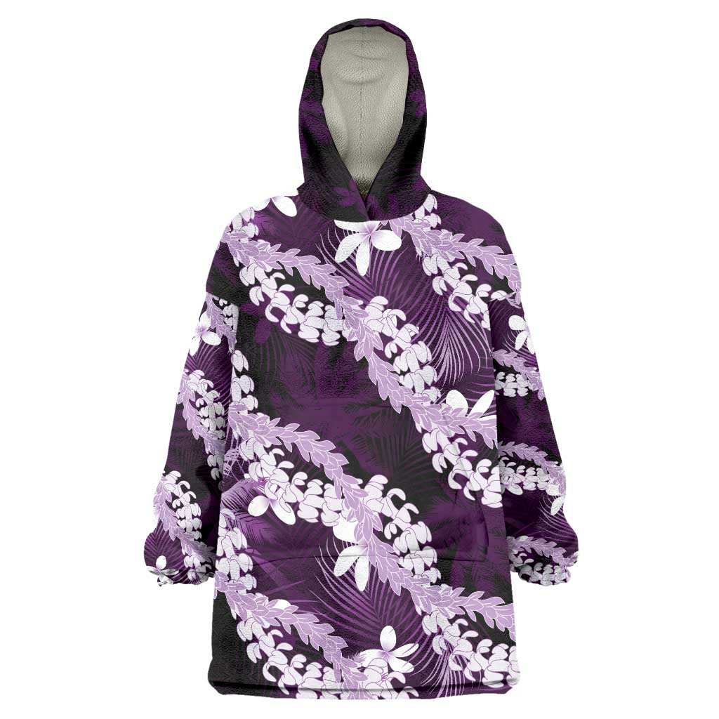 Puakenikeni Maile Lei Wearable Blanket Hoodie Frangipani Purple Tropical Leaves